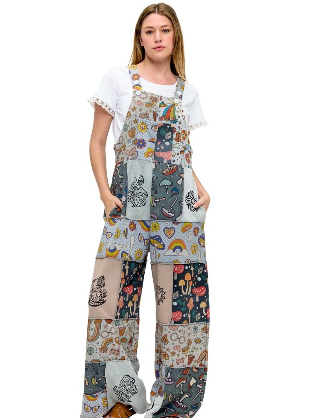 Overalls Boho Patchwork Whimsical Mushroom